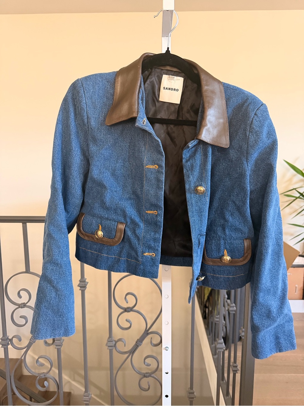 Sandro Denim Jacket With Leather Collar size 38 / US 406 - Picture 4 of 8